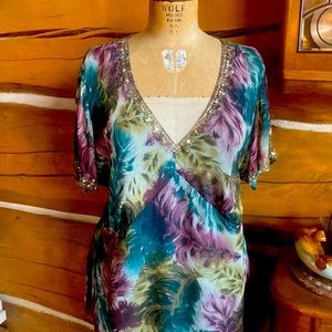 NY Collection SILK blouse Women's 2X party top feathers Vintage 90s shirt EUC